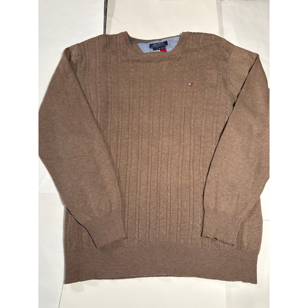 Tommy Hilfiger Cable Knit Sweater Mens Large Brown Crewneck Cotton Logo